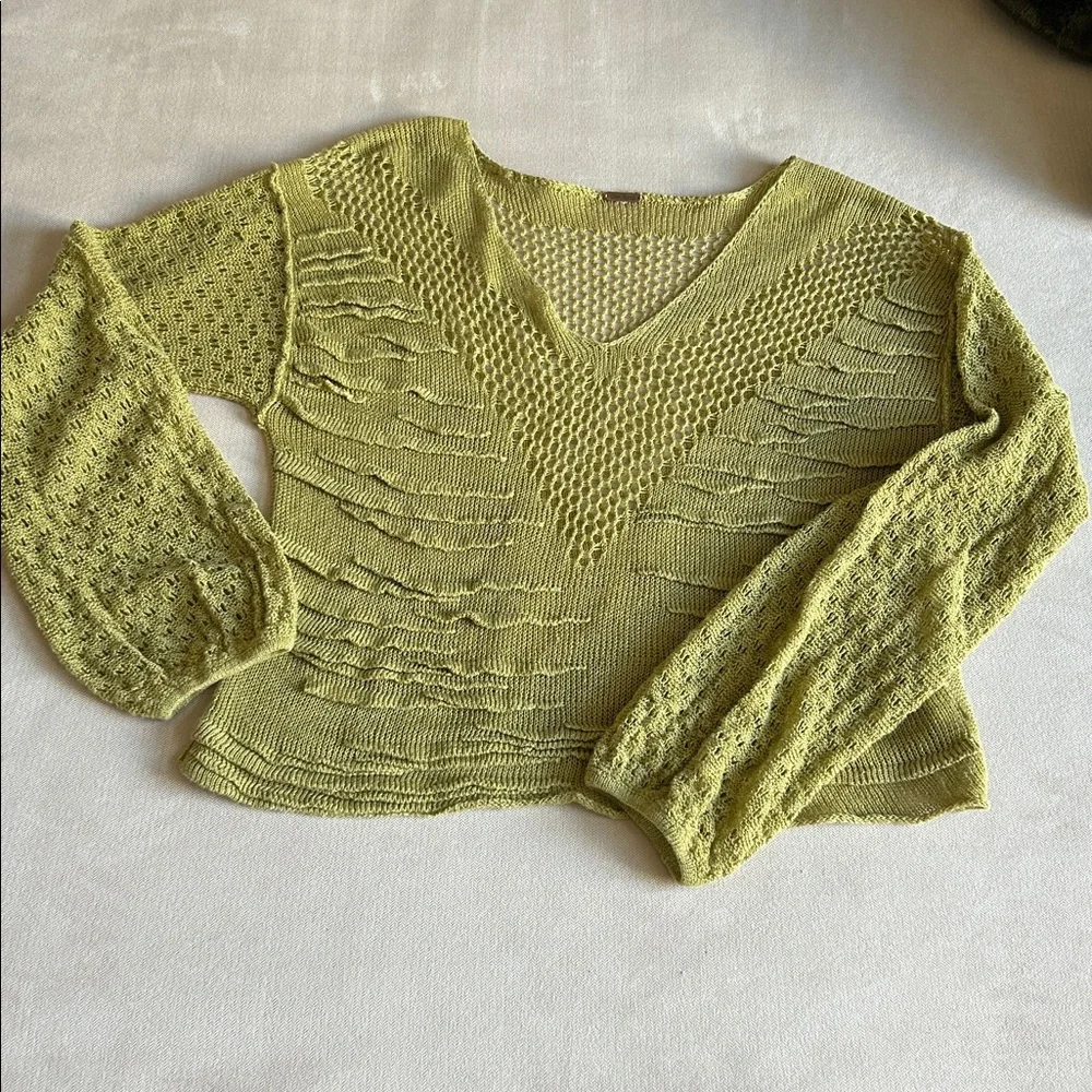 Free‎ People Women’s Open Knit V-Neck Long Sleeve Pullover Sweater Green Size S
